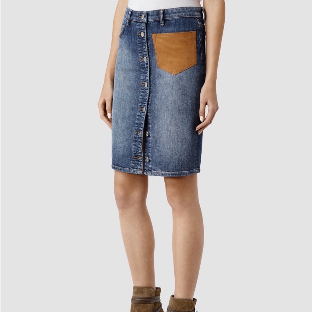 AllSaints Blue Denim Pencil Skirt with Brown Pocket
Never worn